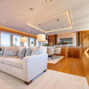 Main salon of DB9, a 171 foot Palmer Johnson yacht for charter in the Mediterranean.