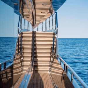 Side deck of DB9, a 171 foot Palmer Johnson yacht for charter in the Mediterranean.