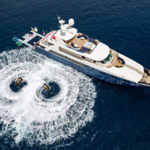 Aerial profile of IRAMA, a 137 foot Concept Marine yacht for charter in the Mediterranean.