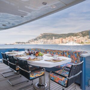 Aft deck of IRAMA, a 137 foot Concept Marine yacht for charter in the Mediterranean.