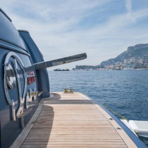 Transom of IRAMA, a 137 foot Concept Marine yacht for charter in the Mediterranean.