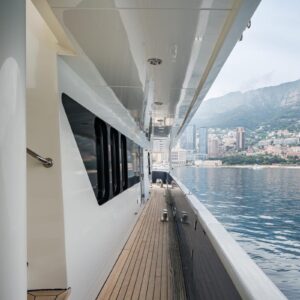 Side deck of IRAMA, a 137 foot Concept Marine yacht for charter in the Mediterranean.