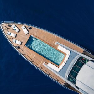 Aerial picture of the pool aboard DB9, a 171 foot Palmer Johnson yacht for charter in the Mediterranean.