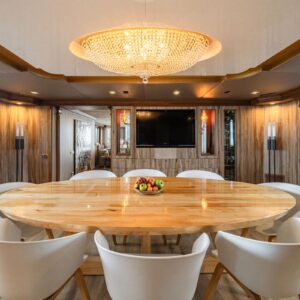 Main dining of IRAMA, a 137 foot Concept Marine yacht for charter in the Mediterranean.
