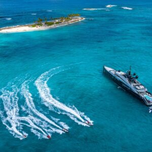 Aerial profile of OKTO, a 218 foot ISA yacht for charter in the Mediterranean.