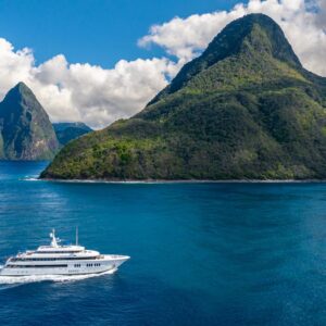 Running profile of TOP FIVE II, a 200-foot Royal Hakvoort yacht for charter in The Bahamas and Caribbean.