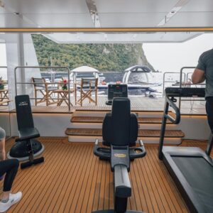 Gym aboard TOP FIVE II, a 200-foot Royal Hakvoort yacht for charter in The Bahamas and Caribbean.