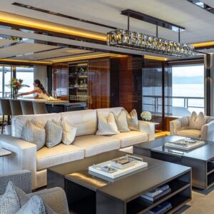 Main dining of TOP FIVE II, a 200-foot Royal Hakvoort yacht for charter in The Bahamas and Caribbean.