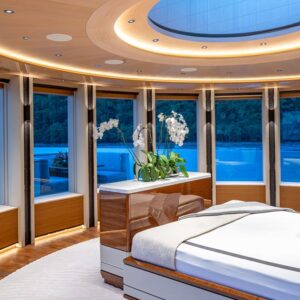 Master stateroom of TOP FIVE II, a 200-foot Royal Hakvoort yacht for charter in The Bahamas and Caribbean.