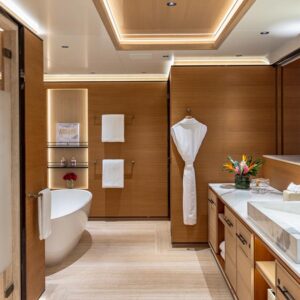 Master stateroom ensuite of TOP FIVE II, a 200-foot Royal Hakvoort yacht for charter in The Bahamas and Caribbean.