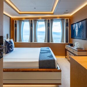 Guest stateroom of TOP FIVE II, a 200-foot Royal Hakvoort yacht for charter in The Bahamas and Caribbean.