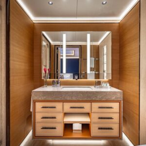 Guest stateroom ensuite of TOP FIVE II, a 200-foot Royal Hakvoort yacht for charter in The Bahamas and Caribbean.