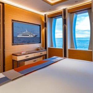 Guest stateroom of TOP FIVE II, a 200-foot Royal Hakvoort yacht for charter in The Bahamas and Caribbean.