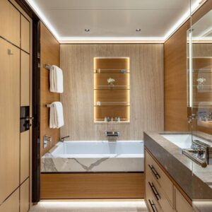 Guest stateroom ensuite of TOP FIVE II, a 200-foot Royal Hakvoort yacht for charter in The Bahamas and Caribbean.