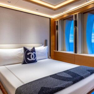Guest stateroom of TOP FIVE II, a 200-foot Royal Hakvoort yacht for charter in The Bahamas and Caribbean.