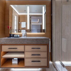 Guest stateroom ensuite of TOP FIVE II, a 200-foot Royal Hakvoort yacht for charter in The Bahamas and Caribbean.