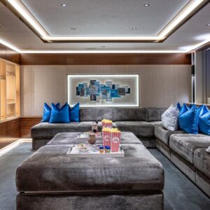 Cinema aboard TOP FIVE II, a 200-foot Royal Hakvoort yacht for charter in The Bahamas and Caribbean.