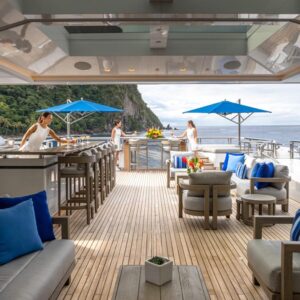 Sundeck of TOP FIVE II, a 200-foot Royal Hakvoort yacht for charter in The Bahamas and Caribbean.