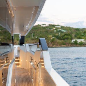 Sidedeck of SWEET VIRGINIA, a 96′ Sanlorenzo yacht for charter in The Bahamas.