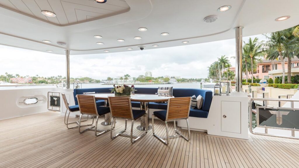 Aft deck of TANZANITE, a 145 foot Westship yacht for charter.