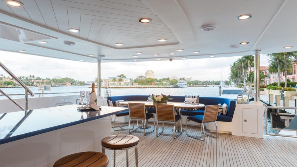 Aft deck of TANZANITE, a 145 foot Westship yacht for charter.