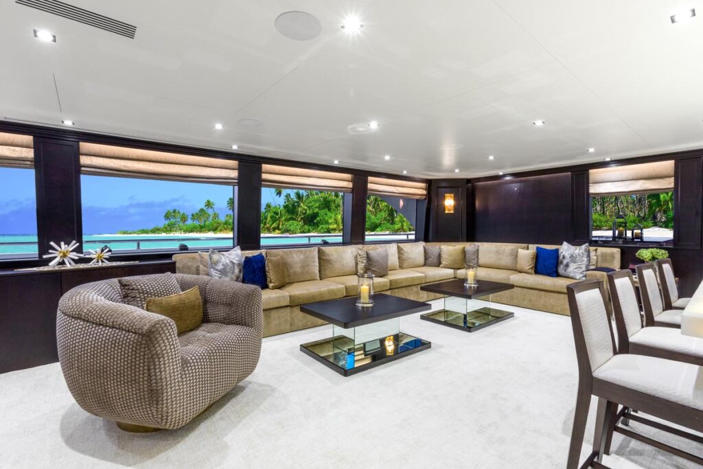 Main salon of TANZANITE, a 145 foot Westship yacht for charter.