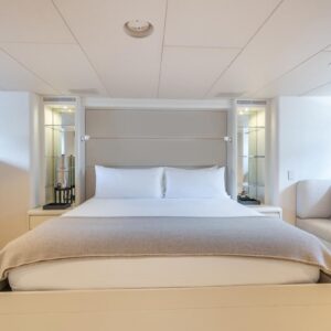 Master stateroom of CHANSON, a 120 foot Christensen yacht for charter in The Bahamas.