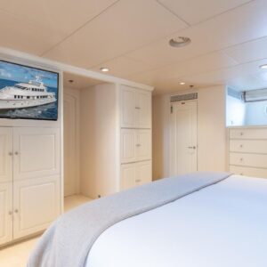 Master stateroom of CHANSON, a 120 foot Christensen yacht for charter in The Bahamas.