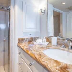Master ensuite of CHANSON, a 120 foot Christensen yacht for charter in The Bahamas.