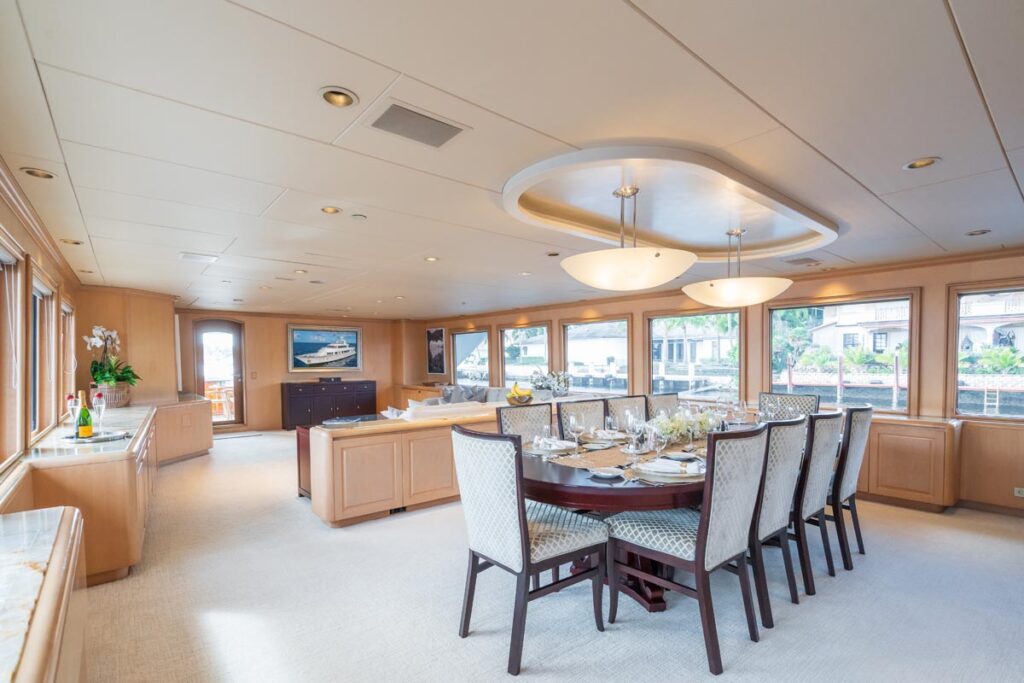 Main salon of CHANSON, a 120 foot Christensen yacht for charter in The Bahamas.