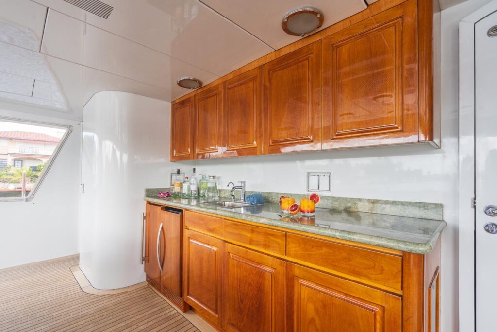 Aft deck bar of CHANSON, a 120 foot Christensen yacht for charter in The Bahamas.