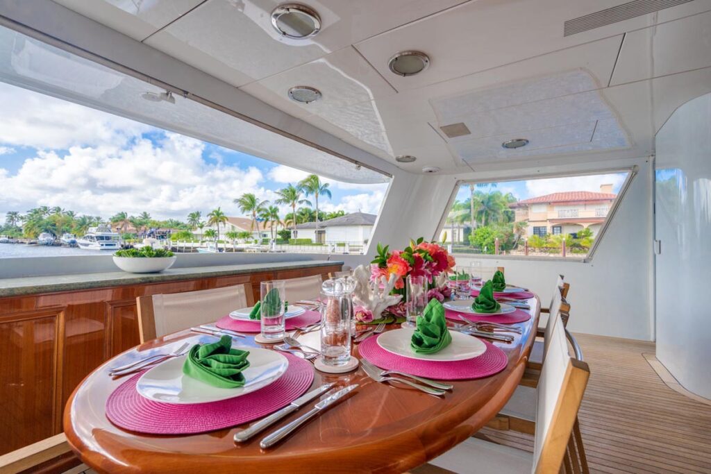 Aft deck of CHANSON, a 120 foot Christensen yacht for charter in The Bahamas.