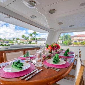 Aft deck of CHANSON, a 120 foot Christensen yacht for charter in The Bahamas.