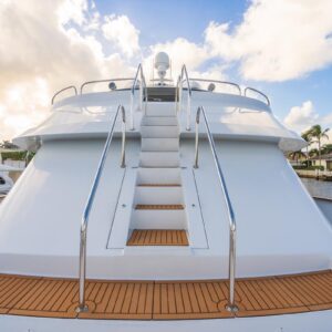 Bow of CHANSON, a 120 foot Christensen yacht for charter in The Bahamas.