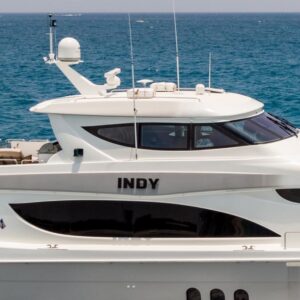 Profile of INDY, an 85 foot Hatteras yacht for charter in New England.