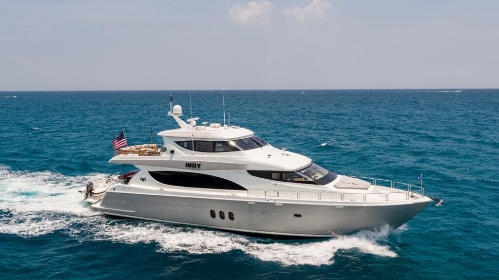 Profile of INDY, an 85 foot Hatteras yacht for charter in New England.
