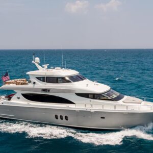 Profile of INDY, an 85 foot Hatteras yacht for charter in New England.
