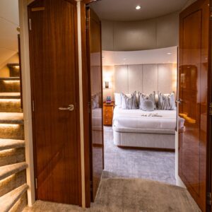 Master stateroom of INDY, an 85 foot Hatteras yacht for charter in New England.