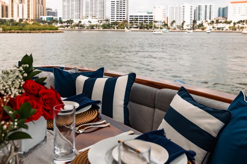 Aft deck of INDY, an 85 foot Hatteras yacht for charter in New England.