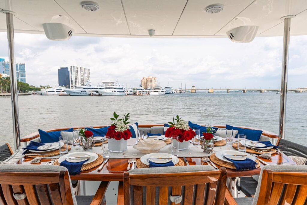 Aft deck of INDY, an 85 foot Hatteras yacht for charter in New England.