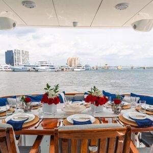 Aft deck of INDY, an 85 foot Hatteras yacht for charter in New England.
