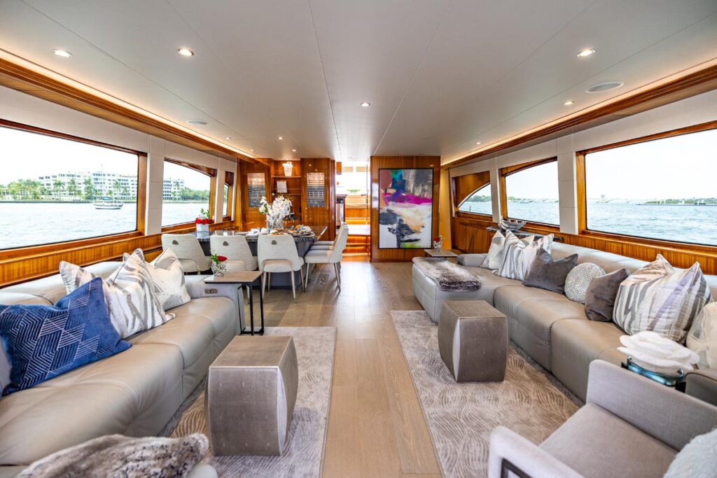 Main salon of INDY, an 85 foot Hatteras yacht for charter in New England.