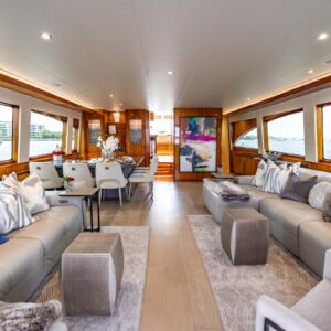 Main salon of INDY, an 85 foot Hatteras yacht for charter in New England.
