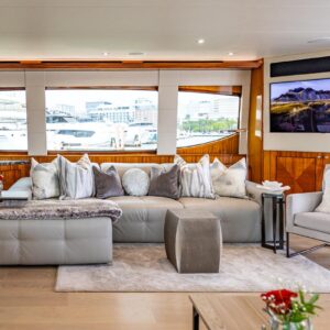 Main salon of INDY, an 85 foot Hatteras yacht for charter in New England.