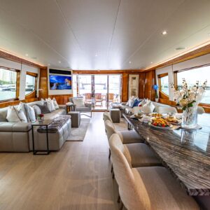 Main salon of INDY, an 85 foot Hatteras yacht for charter in New England.