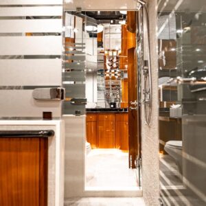 Master ensuite of INDY, an 85 foot Hatteras yacht for charter in New England.