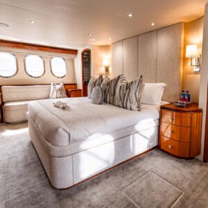 Master stateroom of INDY, an 85 foot Hatteras yacht for charter in New England.