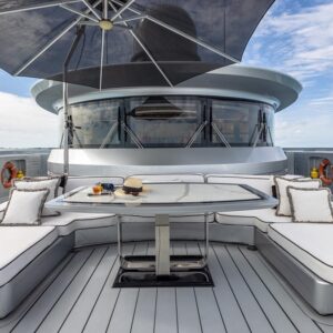 Bow lounge of OKTO, a 218 foot ISA yacht for charter in the Mediterranean.