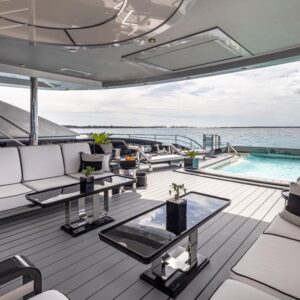 Aft deck of OKTO, a 218 foot ISA yacht for charter in the Mediterranean.