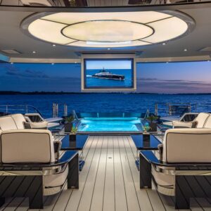 Aft deck of OKTO, a 218 foot ISA yacht for charter in the Mediterranean.
